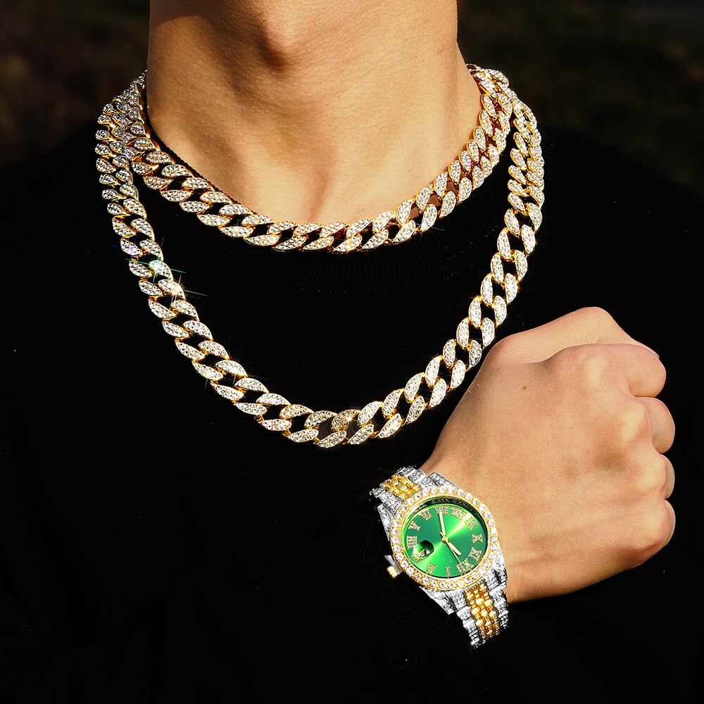New Necklace+Watch+Bracelet Hip Hop Rapper Men Cuban Chain Gold Color Iced Out Paved Rhinestone Necklaces for Men's Jewelry Set - Bekro's ART