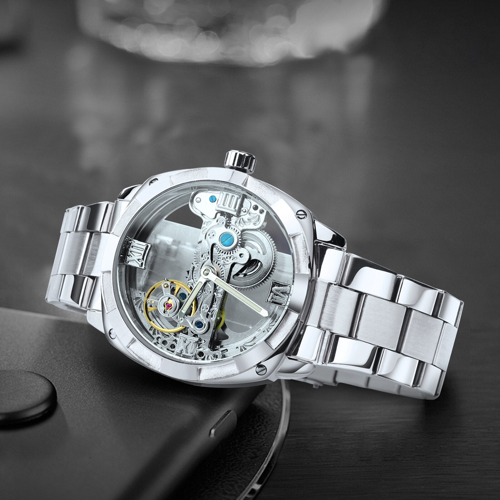 WINNER Luxury Skeleton Automatic Mechanical Watch for Men Luminous Golden Bridge Square Waterproof Watches  Strap - Bekro's ART