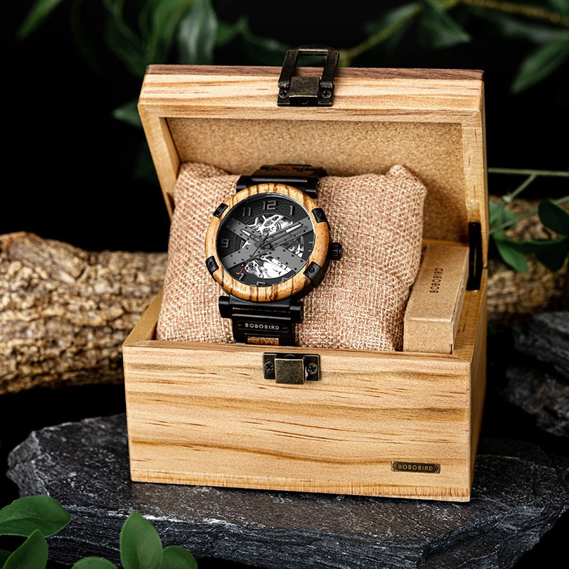 BOBO BIRD 45mm Men Watch Wooden Luxury Skeleton Automatic Mechanical Wristwatch Business  Wrist Watch X Series - Bekro's ART