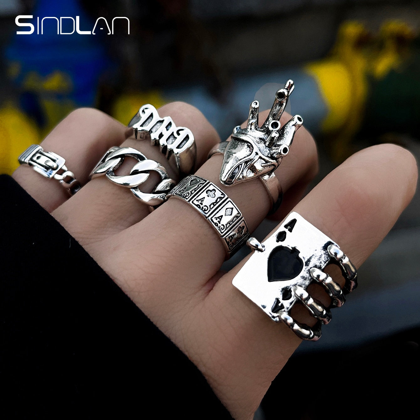 Sindlan 6Pcs Punk Poker Joker Silver Color Rings for Men Goth Skeleton Billiards Set Couple Emo Fashion Jewelry Anillos Hombre - Bekro's ART