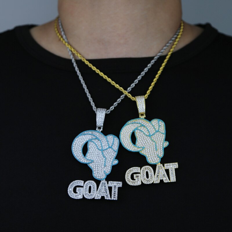 Hip Hop Cute Animal Goat Head Pendant Necklace Bling 5A CZ Paved Iced Out Rhodium Gold Plated Blue Enamel Jewelry for Men Boy - Bekro's ART
