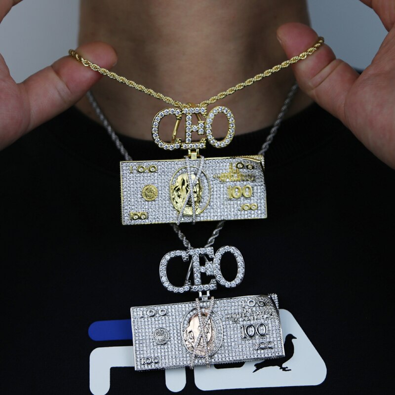 Bling 5A Cubic Zirconia Cz Paved Initial CEO Us Dollar Cash Pendant Necklace for Men Boy Hip Hop Rock Punk Iced Out Jewelry - Bekro's ART