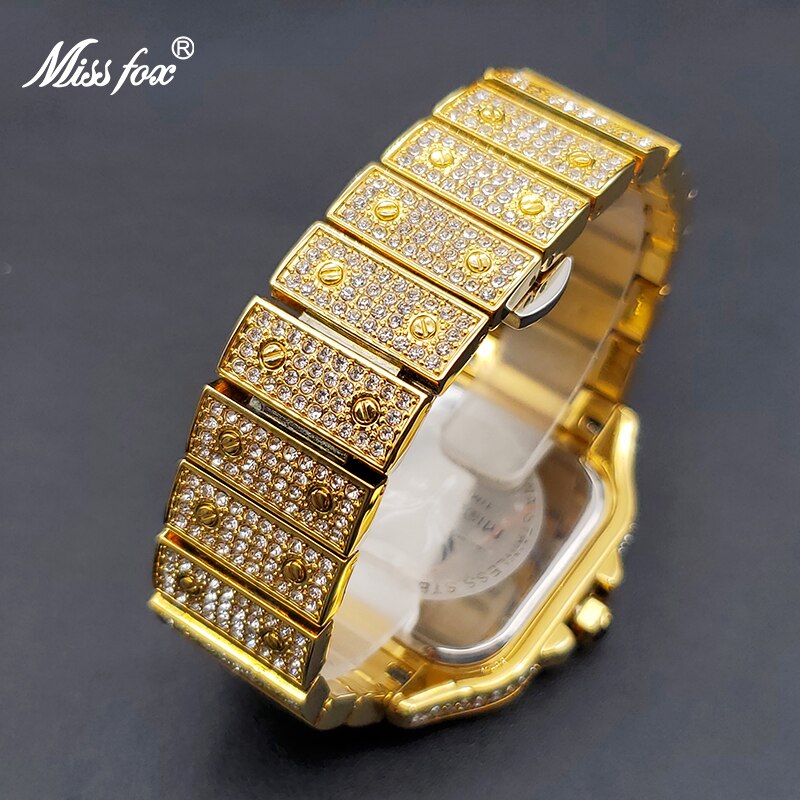 Ice Out Gold Watch For Men MISSFOX Street Style Hip Hop Waterproof Watches For Male Couple Wristwatches Jewelry Accessories - Bekro's ART