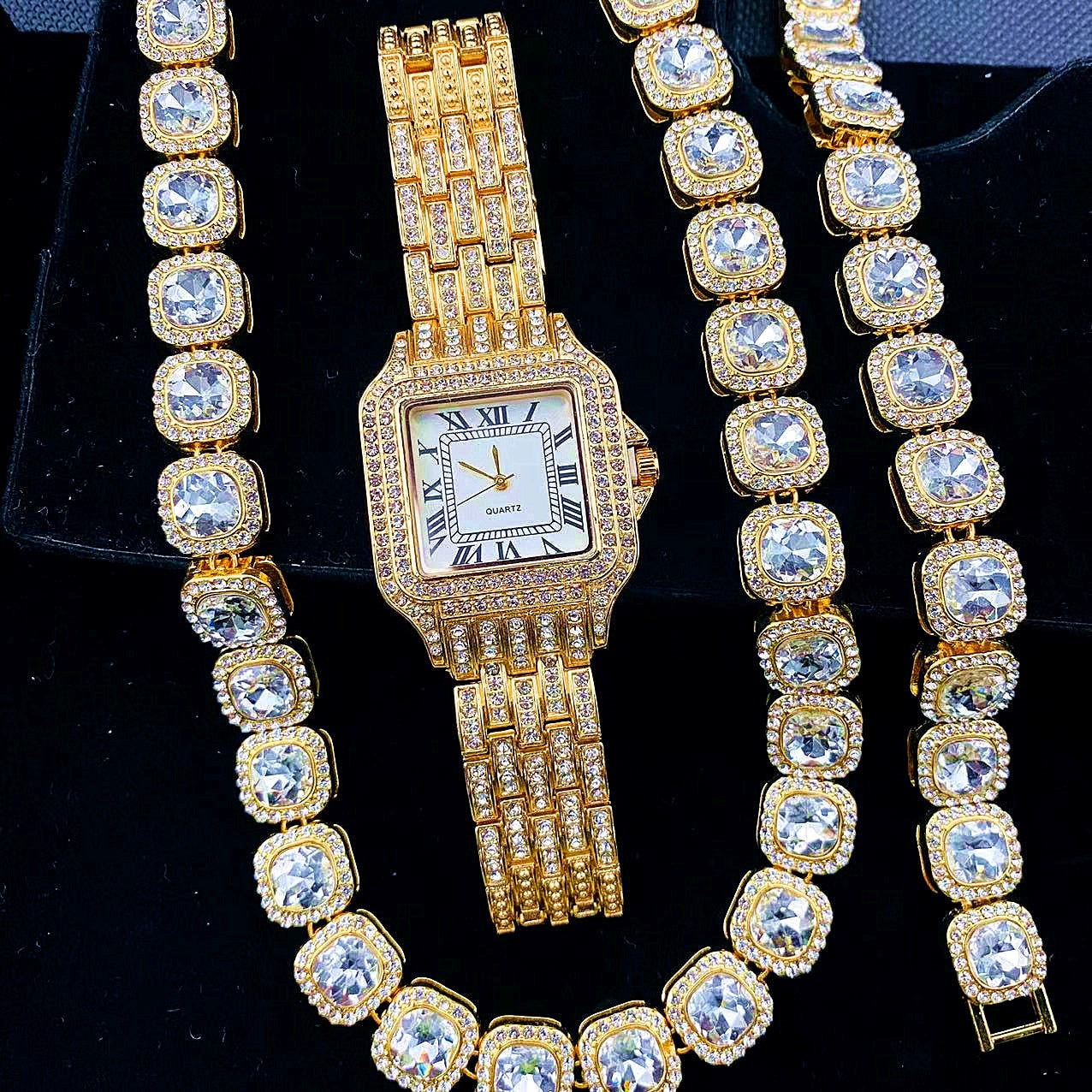 Luxury Iced Out Watches for Gold Watch Sliver Link Chains Bracelet Necklace Bling Bling CZ Jewelry Watch Set Relojes - Bekro's ART