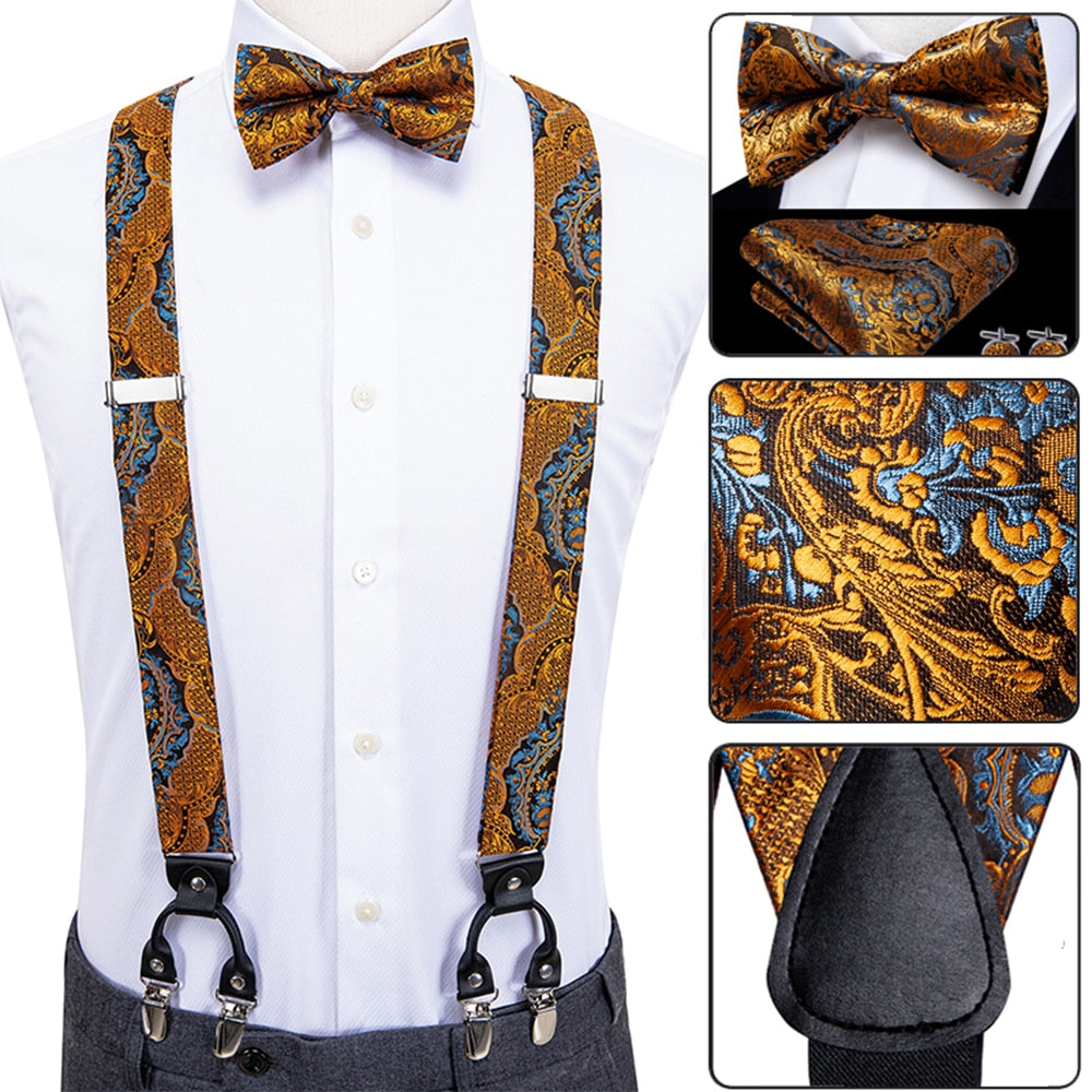 Suspenders Silk Adult Men's Suspender Set Leather Clips Braces Vintage  Fashion Gold Floral Wedding Suspenders and Bowtie Set (Color : Gold, Size :  One Size) : : Clothing, Shoes & Accessories