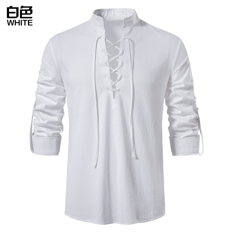 summer autumn new Japanese and Korean version cotton half open collar Men's long-sleeved shirt loose straight collar Men's top - Bekro's ART