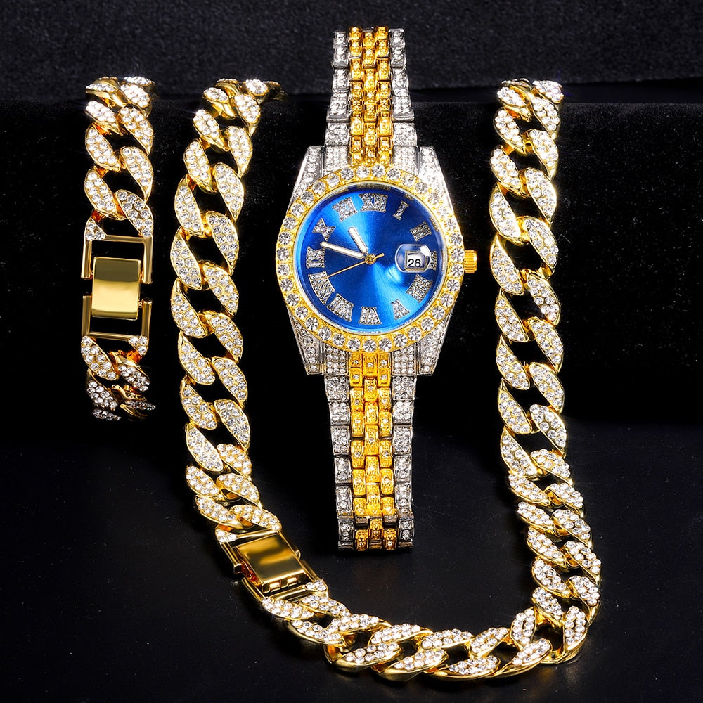 New Necklace+Watch+Bracelet Hip Hop Rapper Men Cuban Chain Gold Color Iced Out Paved Rhinestone Necklaces for Men's Jewelry Set - Bekro's ART
