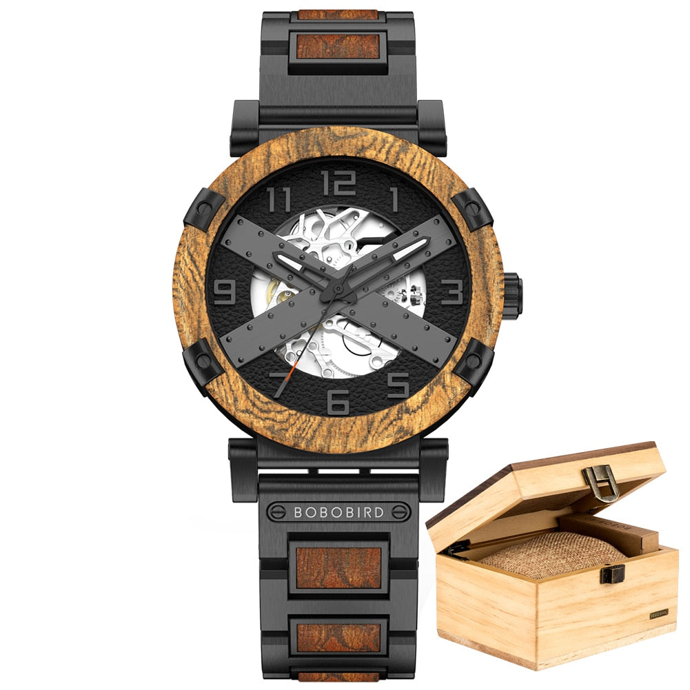BOBO BIRD 45mm Men Watch Wooden Luxury Skeleton Automatic Mechanical Wristwatch Business  Wrist Watch X Series - Bekro's ART