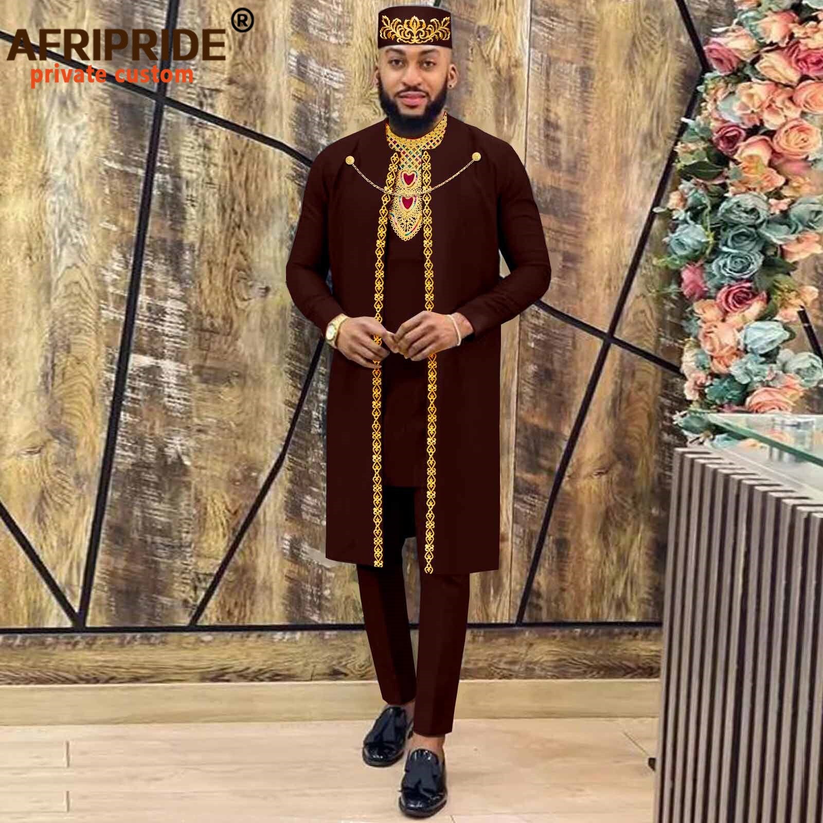 African Clothes for Men Agbada Robes Embroidery Shirts Pants Hats 4 Piece Set Chain Dashiki Outfits for Wedding Evening A2216013 - Bekro's ART