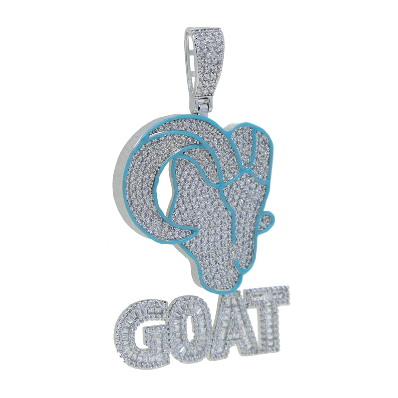 Hip Hop Cute Animal Goat Head Pendant Necklace Bling 5A CZ Paved Iced Out Rhodium Gold Plated Blue Enamel Jewelry for Men Boy - Bekro's ART