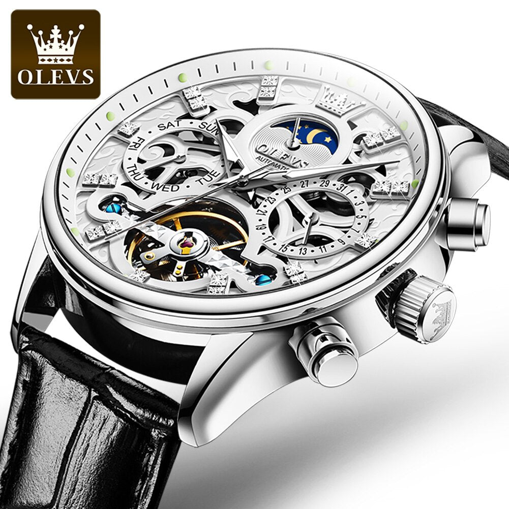 OLEVS Mechanical Watches for Men Diamond Skeleton Automatic Self-Wind Moon Phase Men's Business Wristwatch Waterproof Moonswatch - Bekro's ART
