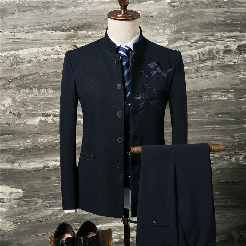 Men Suit Coat Vest Pants Fashion Chinese Retro Style Wedding Groom Suit Stand Collar Classic Men Dress Blazers Jacket Trousers - Bekro's ART