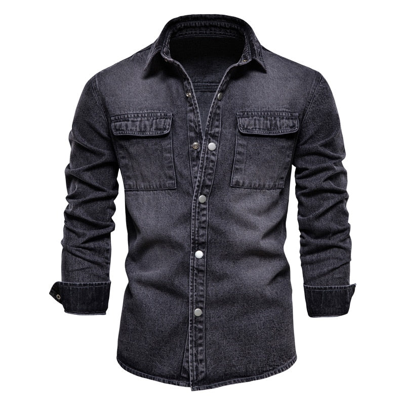 AIOPESON 100% Cotton Denim Shirts Men Casual Solid Color Thick Long Sleeve Shirt for Men Spring High Quality Jeans Male Shirt - Bekro's ART