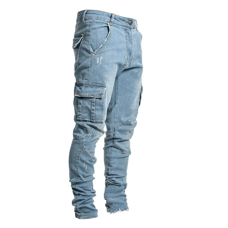 Jeans Men Pants Casual Cotton Denim Trousers Multi Pocket Cargo Jeans Men New Fashion Denim Pencil Pants Side Pockets Cargo - Bekro's ART