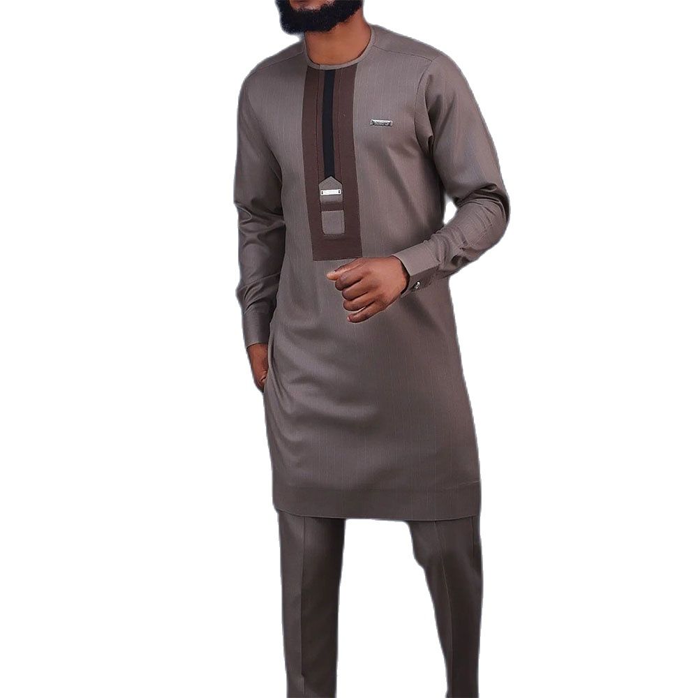 Men African Long Sleeve 2 Piece Set Traditional For Men Trip Clothing Brown Texture Suit Male Shirt Pants Suits Wedding - Bekro's ART