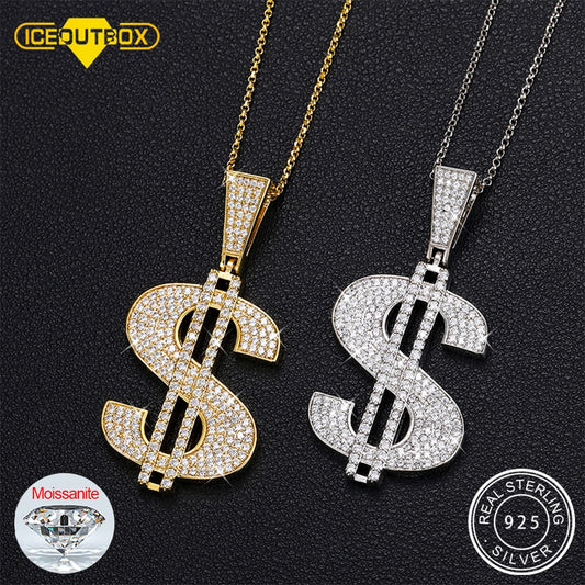 Moissanite Hip Hop Rap US Dollar Pendant Necklace Chain Accessories 925 Sterling Silver Money For Men Bling Jewelry Gift - Bekro's ART