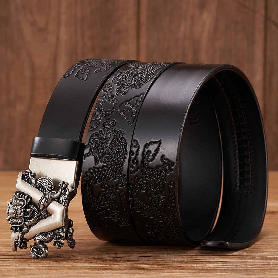 New Male China Dragon Belt Cowskin Genuine Leather Belt for Men Carving Dragon Pattern Automatic Buckle Belt Strap For Jeans - Bekro's ART