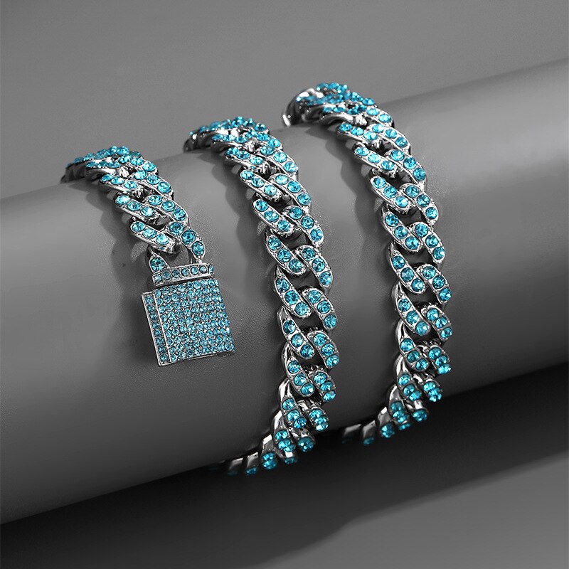 9/11/15MM Bling Iced Out Blue Vintage Crystal Cuban Link Chain Necklace for Men Rock Punk Hip Hop Miami Cuban Choker Jewelry - Bekro's ART