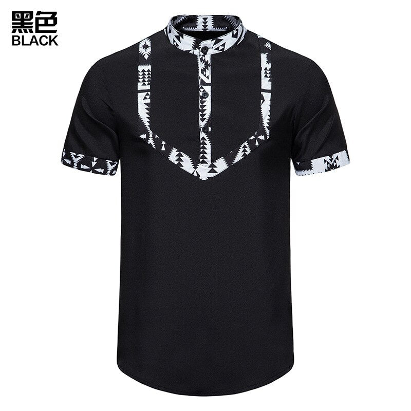 Men's African Style Print Stitching Design Short Sleeve Button Shirt Traditional Shirt - Bekro's ART