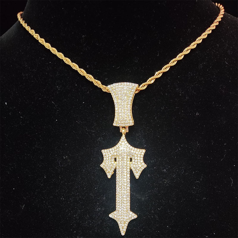 New Men Hip Hop Letter Iced Out Cross Sword Necklaces with 13mm Cuban Chain HipHop Pendant Necklace Fashion Charm Jewelry - Bekro's ART