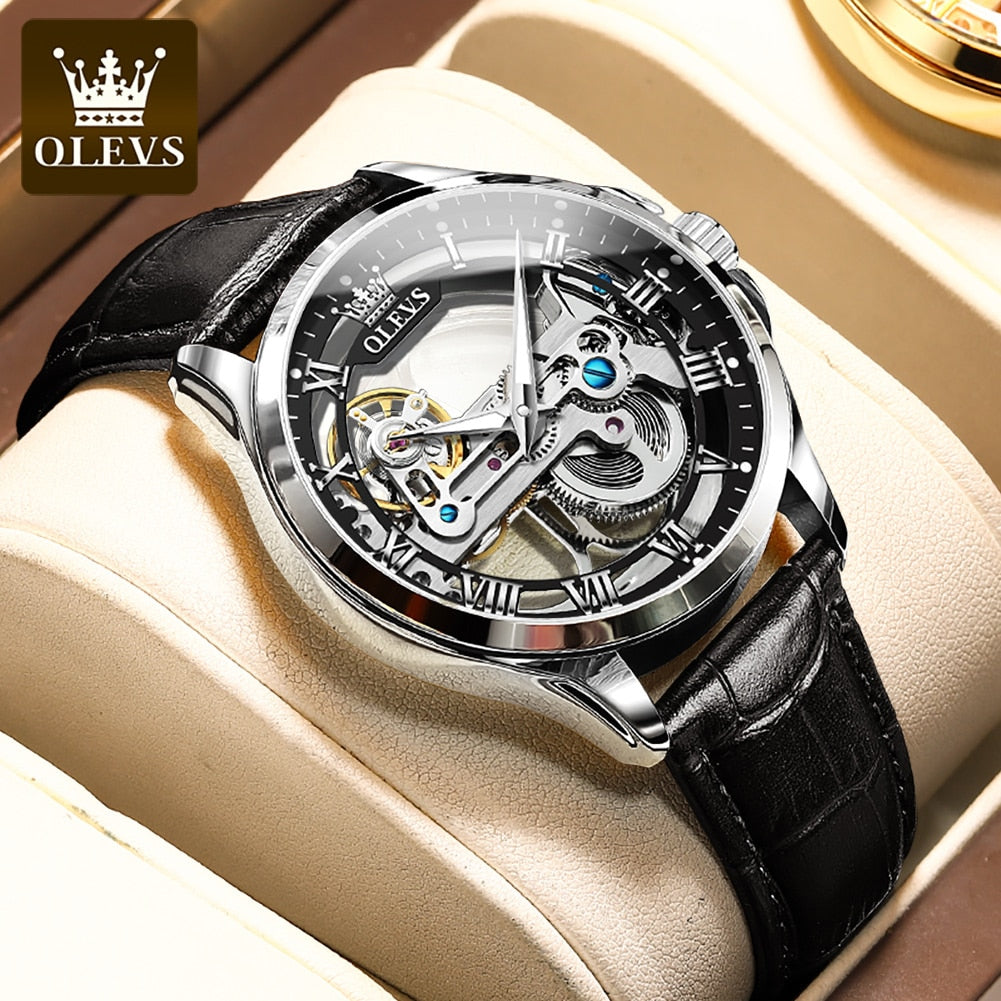 OLEVS Mens Watches Fashion Luxury Business Automatic Mechanical Watch Men Casual Leather Waterproof Watch Relogio Masculino - Bekro's ART