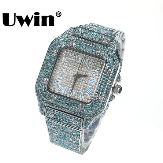UWIN Men's Fashion Crystal Watch Luxury Diamond Bracelet Watch Big Face Square Full Bling Iced Out Watch for Men Hip Hop Rapper - Bekro's ART