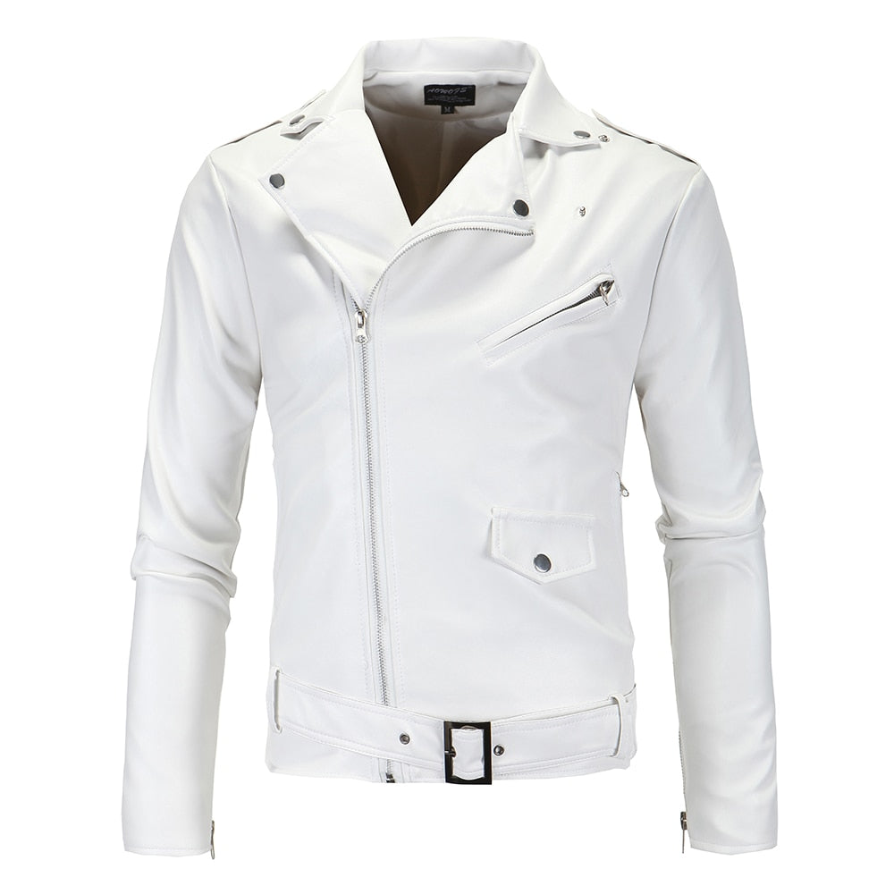 Men Slim White Leather Jackets Oblique Zipper Motorcycle Jackets New Men Outwear Moto Biker PU Leather Coats - Bekro's ART