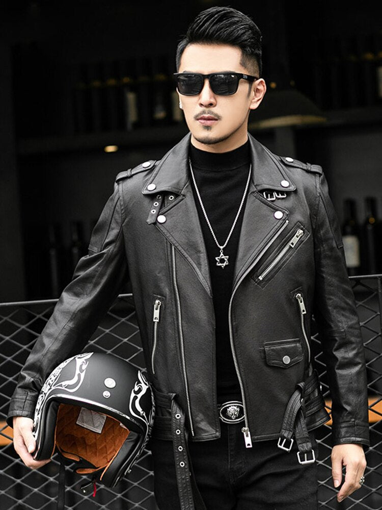 Mauroicardi Spring Autumn Short Cool Black Leather Biker Jacket Men Zipper Long Sleeve Belt European Fashion - Bekro's ART
