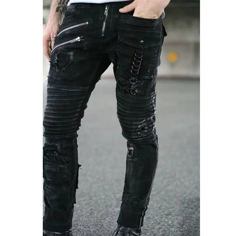 Straight Jeans Men Punk Skinny Denim Pants Spring Summer Boyfriend Jeans Streetwear Zipper Slim Fit Black Goth Trousers - Bekro's ART
