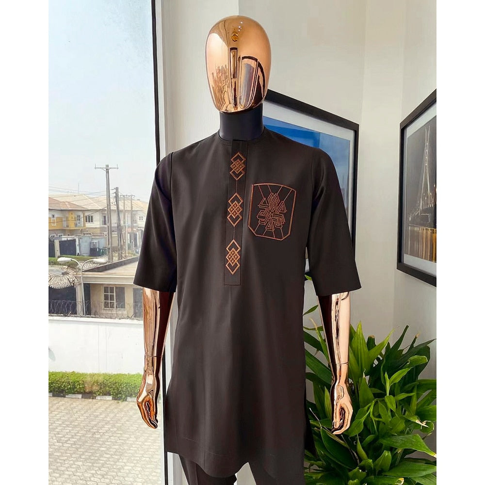 H&D African Clothes for Men 2 Pieces Set Fashion Embroidered Tops and Pants Traditional Clothing Rich Bazin Original Wedding - Bekro's ART