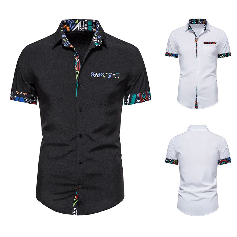 Men's African Print Stitching Design Short Sleeve Single Breasted Traditional Shirt - Bekro's ART