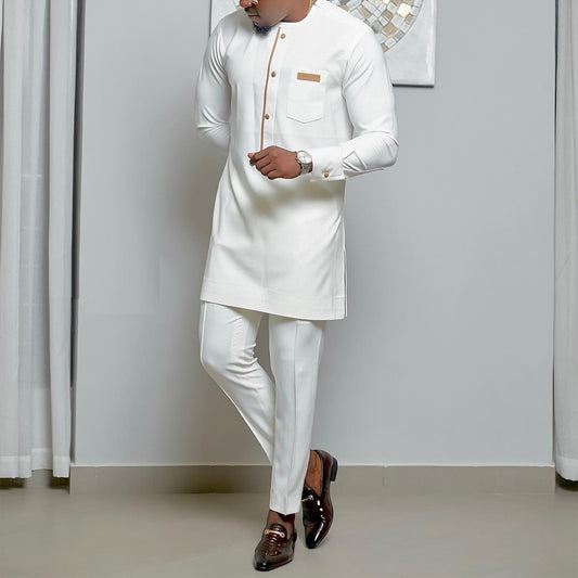 White Kaftan 2 Piece Sets Men's Suit Button Crew Neck Pockets Long Sleeve Top and Pants Wedding Ethnic Style Outfit Clothing - Bekro's ART