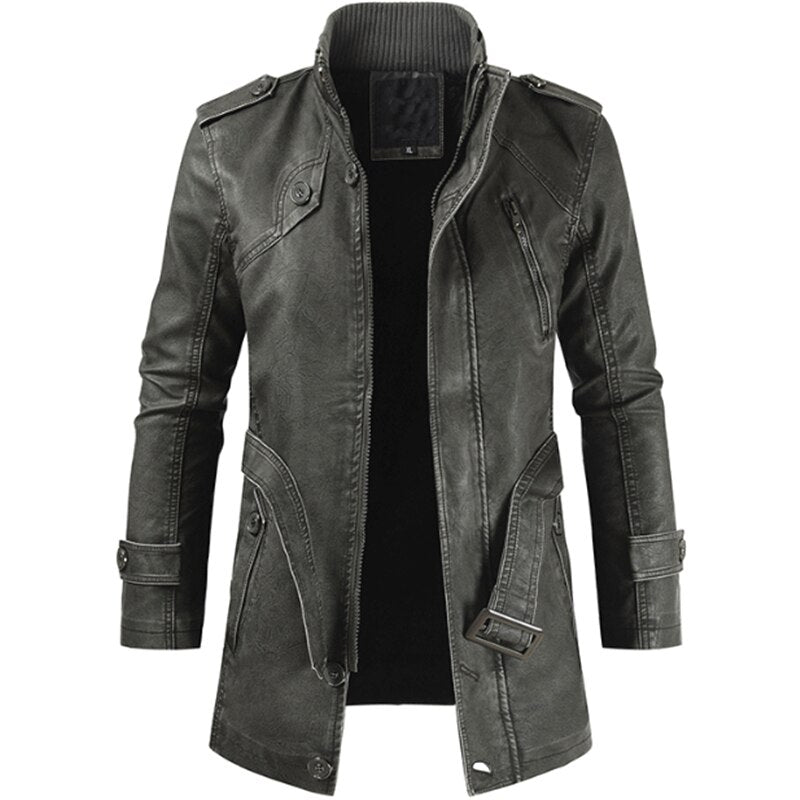 autumn and winter leisure retro new young men stand collar motorcycle cycling PU long slim leather jacket jacket men - Bekro's ART