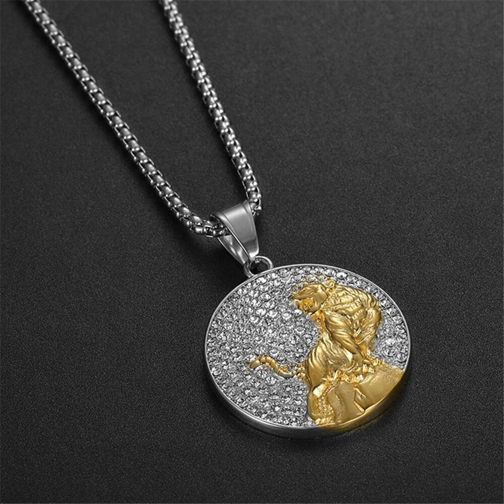 Tiger Pendand &amp; Chain Gold Color Iced Out Bling Round Animal Necklace for Men Hip Hop Jewelry - Bekro's ART