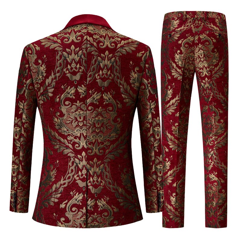 Mens Gold Floral Jacquard Red Suits with Pants Shawl Lapel One Button Luxury Dress Suit Wedding Party Dinner Party Costume Homme - Bekro's ART
