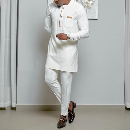New Set Man 2 Pieces Wedding Prom Dashiki Men Outfit Dashiki Printed Long Sleeve Shirt White Trouser Suits For Men Set 2 Pieces - Bekro's ART