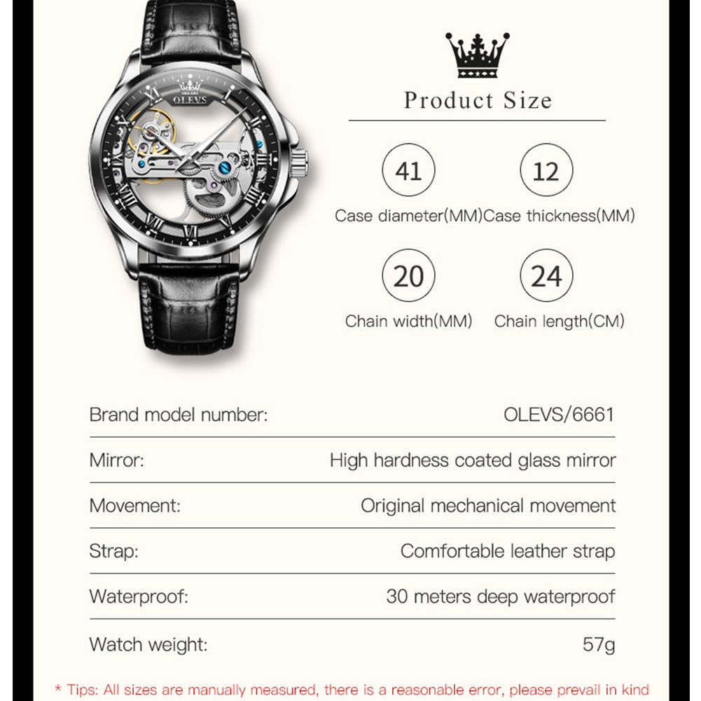 OLEVS Automatic Mechanical Watches For Men Waterproof Leather Strap Skeleton Tourbillon Watch  Luxury Brand Business Men's Watch - Bekro's ART
