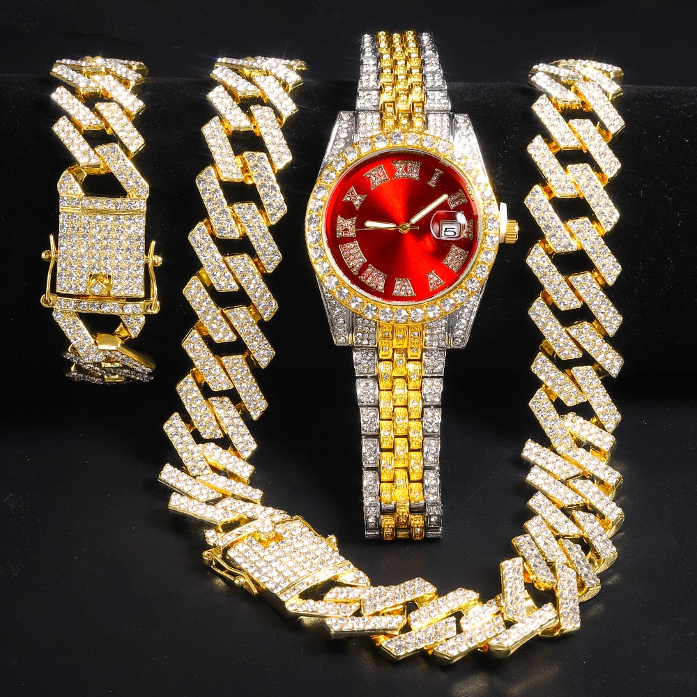 New Iced Out Watch Mens Cuban Link Chain Bracelet Necklace Choker Bling Jewelry Men Big Gold Color Chains Hip Hop Punk Watch Set - Bekro's ART