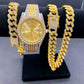 Full Iced Out Watches Mens Cuban Link Chain Bracelet Necklace Choker Bling Jewelry for Men Big Gold Chains Hip Hop Men Watch Set - Bekro's ART