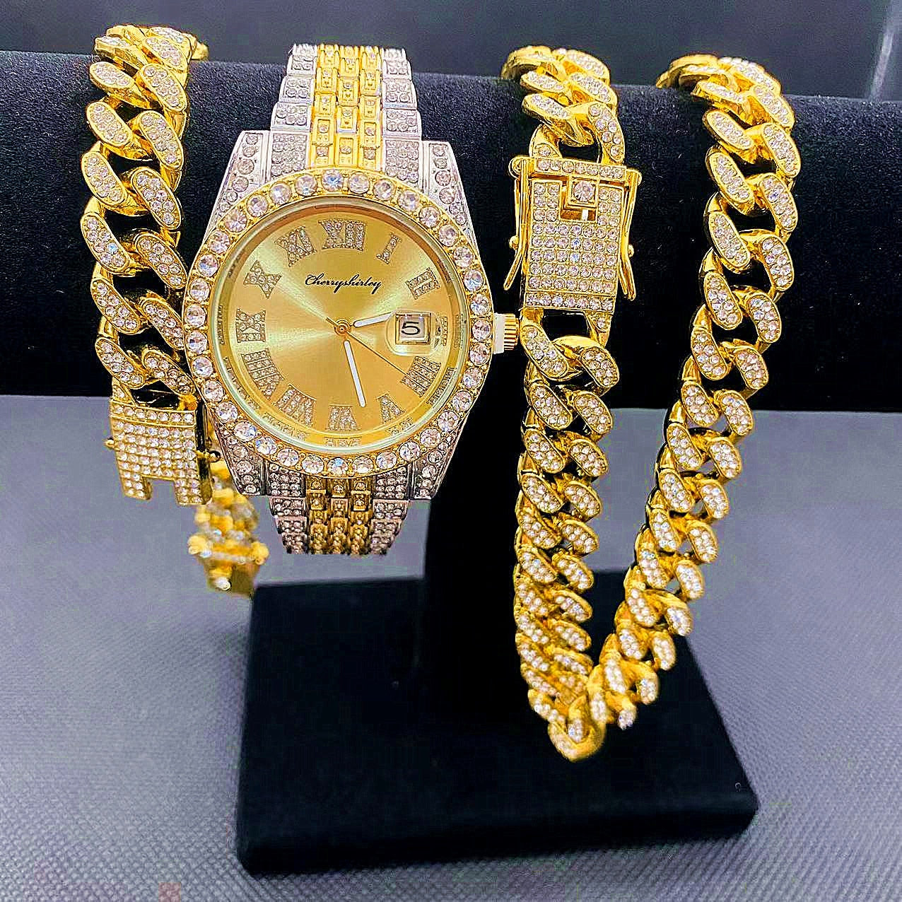 Full Iced Out Watches Mens Cuban Link Chain Bracelet Necklace Choker Bling Jewelry for Men Big Gold Chains Hip Hop Men Watch Set - Bekro's ART