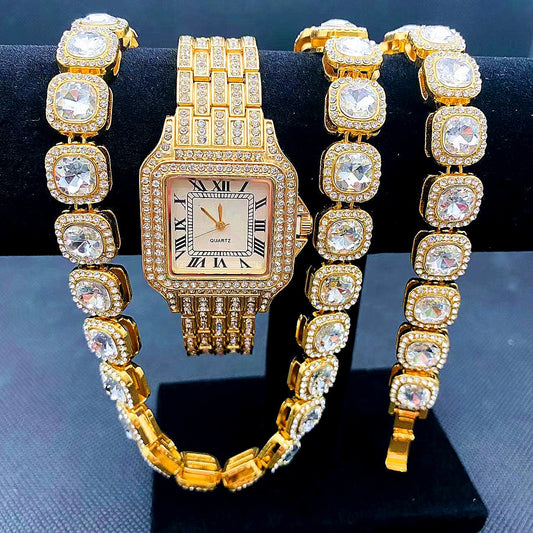 Luxury Iced Out Watches for Gold Watch Sliver Link Chains Bracelet Necklace Bling Bling CZ Jewelry Watch Set Relojes - Bekro's ART