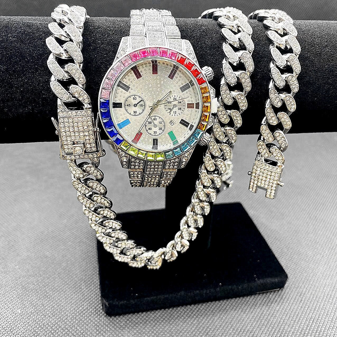 3PCS Hip hop Luxury Watches Jewelry Set Mens Iced Out Watch Necklace Bracelet Bling Diamond Cuban Link Chain Choker Gifts - Bekro's ART