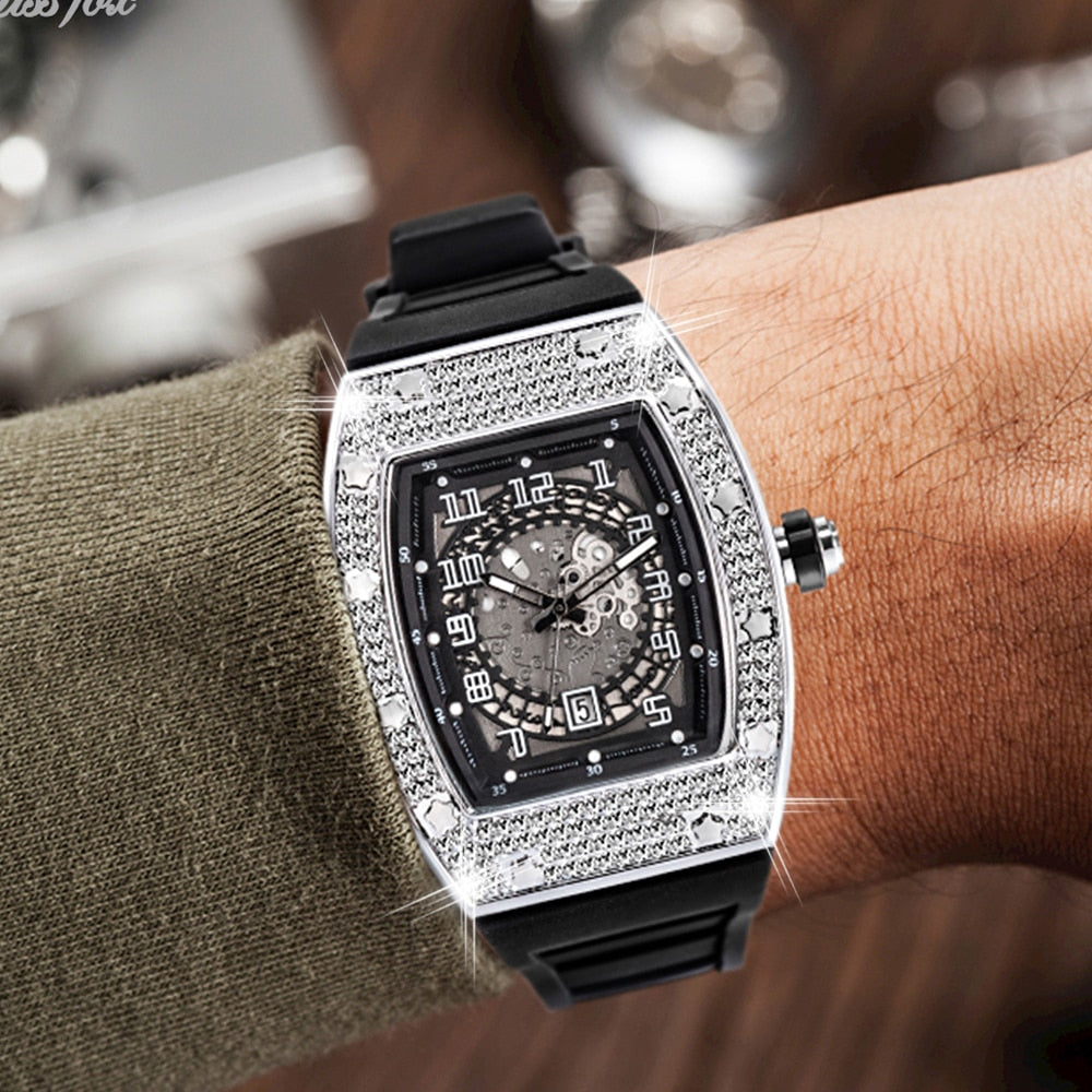 Designer Men Watch Luxury Bling Diamond Watch for Men Fashion Quartz Wristwatch Man Hip Hop Iced Out Men's Watches Tonneau Clock - Bekro's ART