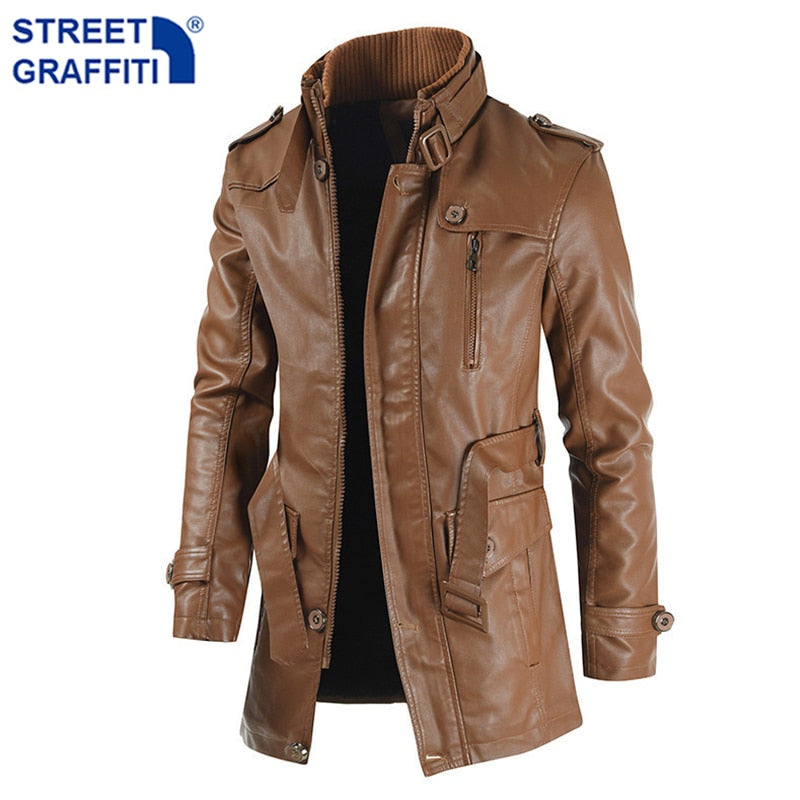 Men Winter Long Thick Fleece PU Leather Jacket Mens Streetwear Casual Business Clothing Porcket Leather Jackets Coat Outwear Men - Bekro's ART