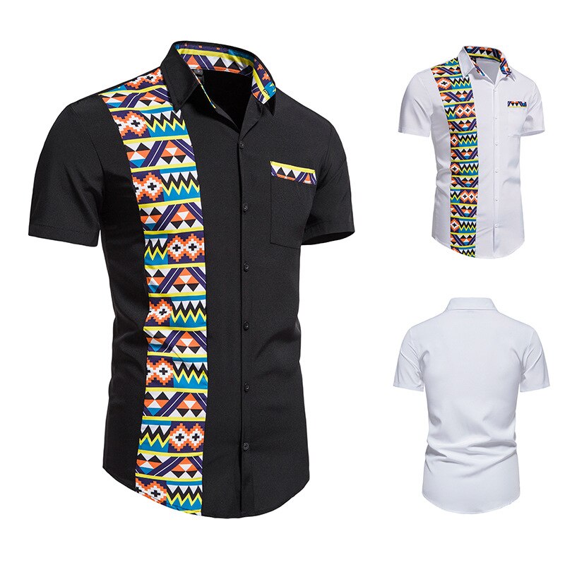 Men's African Print Stitching Design Short Sleeve Button Shirt Traditional Shirt - Bekro's ART