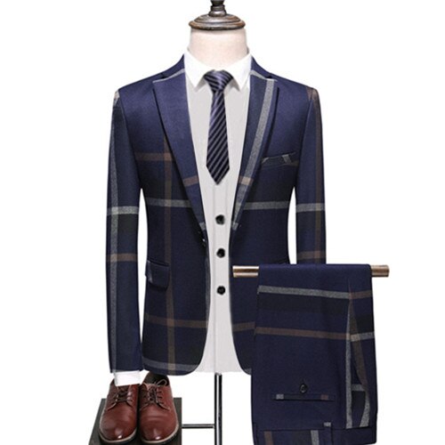 3 Pcs Suits Set Coat Vest Pants /  Fashion Men's Casual Boutique Business Plaid Slim Formal Dress Blazers Jacket Waistcoat - Bekro's ART