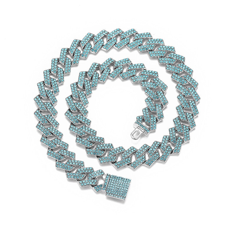 9/11/15MM Bling Iced Out Blue Vintage Crystal Cuban Link Chain Necklace for Men Rock Punk Hip Hop Miami Cuban Choker Jewelry - Bekro's ART