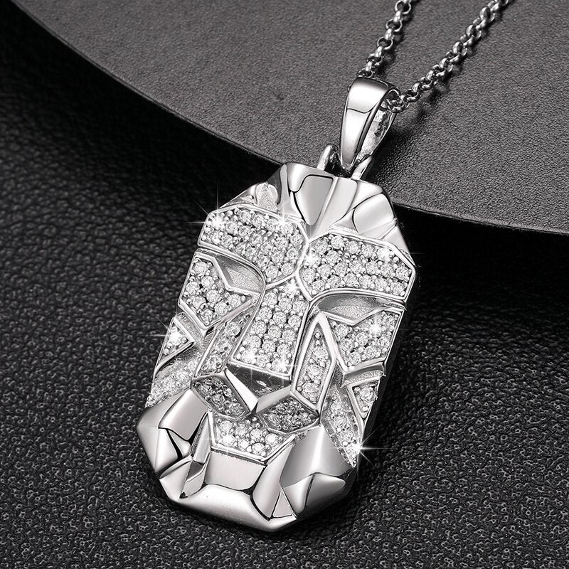 D VVS Moissanite Lion Face Tag Pendant 925 Sterling Silver Necklaces For Men Hip Hop Animal Charm Jewelry - Bekro's ART