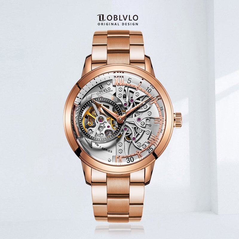 OBLVLO Luxury Retro Men Skeleton Automatic Watch Mechanical  Strap Mineral Crystal Glass Waterproof Clock VM - Bekro's ART