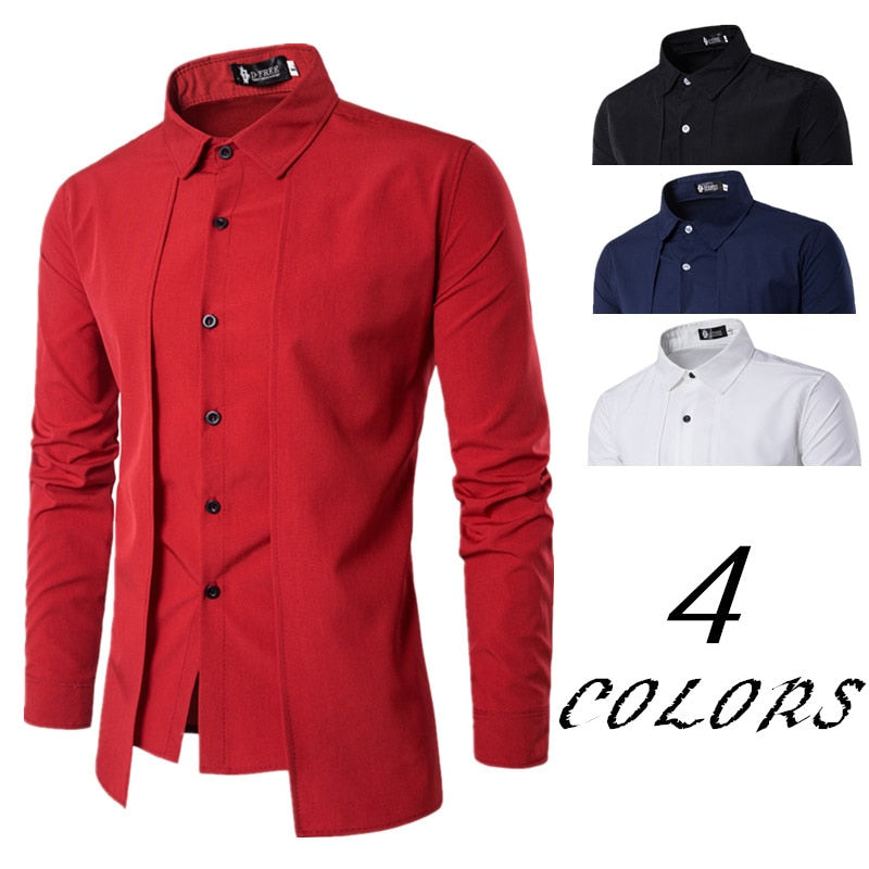Men's long-sleeved shirts summer autumn Fake two-piece double placket thin section non-iron solid color cotton lapel Men's tops - Bekro's ART
